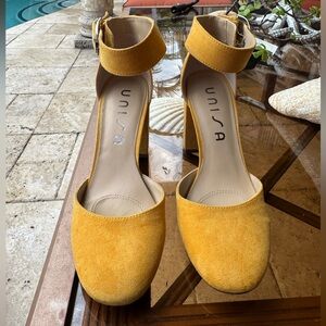 Unisa Women's Mustard Suede Ankle Strap Heels